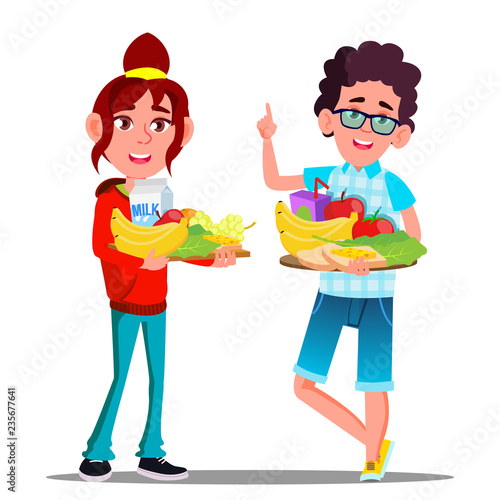 Healthy Food, Happy Boy And Girl With Fruits Vector. Isolated Cartoon Illustration
