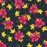 Tropical flower seamless vector pattern, floral fashionable tropic background for fabric textile, exotic hawaiian floral texture for print, trendy natural hand drawn leaves for fashion textile