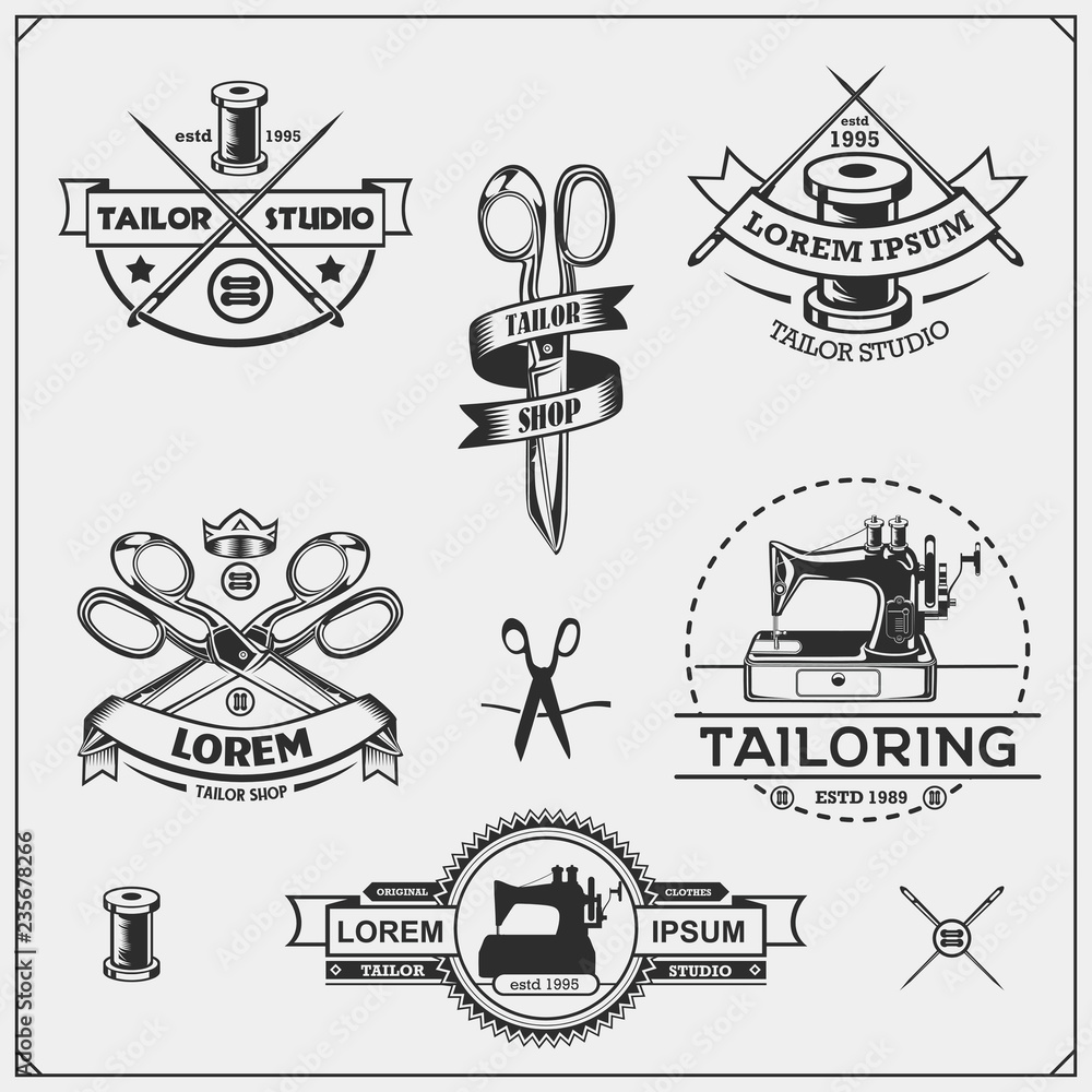 Obraz premium Vintage etykiety do szycia, odznaki i elementy projektu. Zestaw emblematów Tailor Shop.