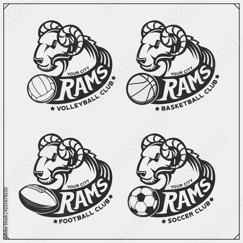 Labels, emblems and design elements for sport club with rams. Print design for t-shirts.