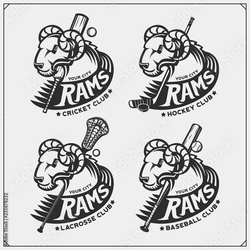 Cricket, baseball, lacrosse and hockey logos and labels. Sport club emblems with rams.