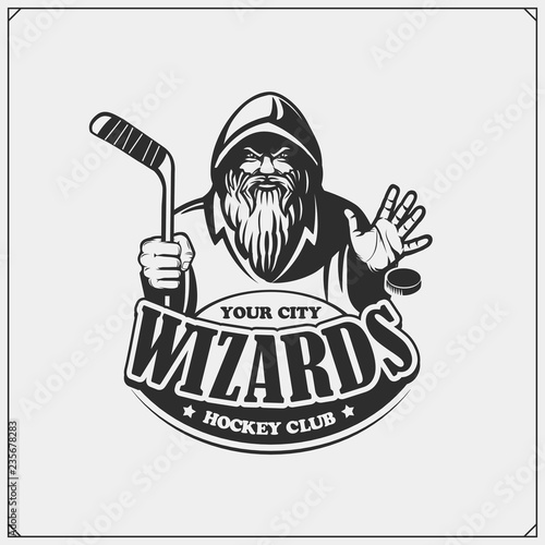 Hockey club emblem with wizard or magician. Print design for t-shirts.