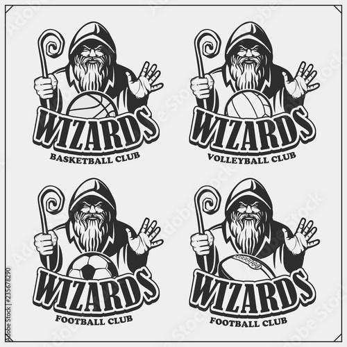 Volleyball, basketball, soccer and football logos and labels. Sport club emblems with wizard or magician. Print design for t-shirts.