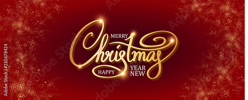 Merry Christmas Elegant Design Template with Lettering and Gold Shimmering Texture.