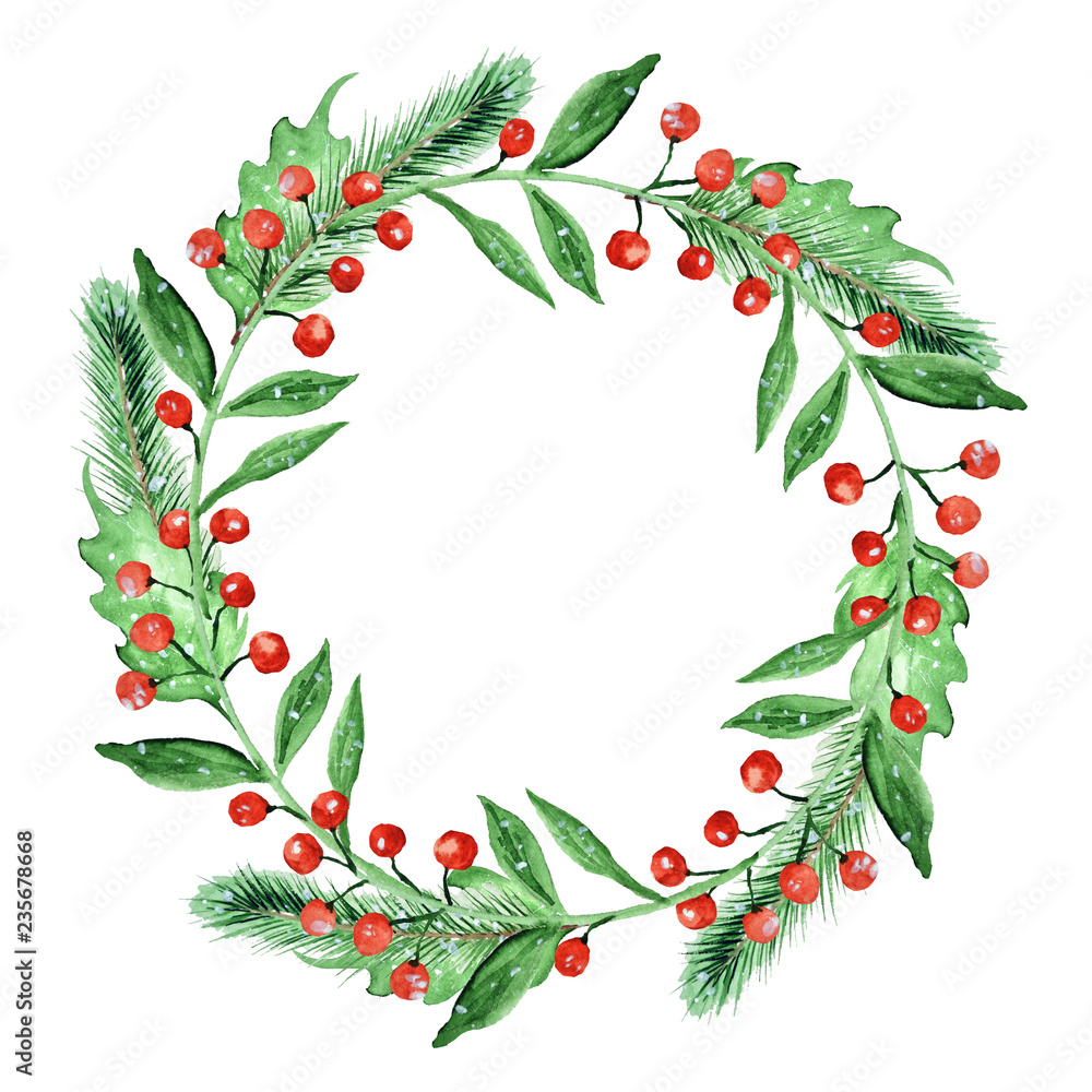 Fototapeta premium Watercolor Christmas children's collection with bears, Bunny, girl, snowman, Christmas trees, pine branch, berries, leaves, Christmas sock, frames, cards, wreaths on white background