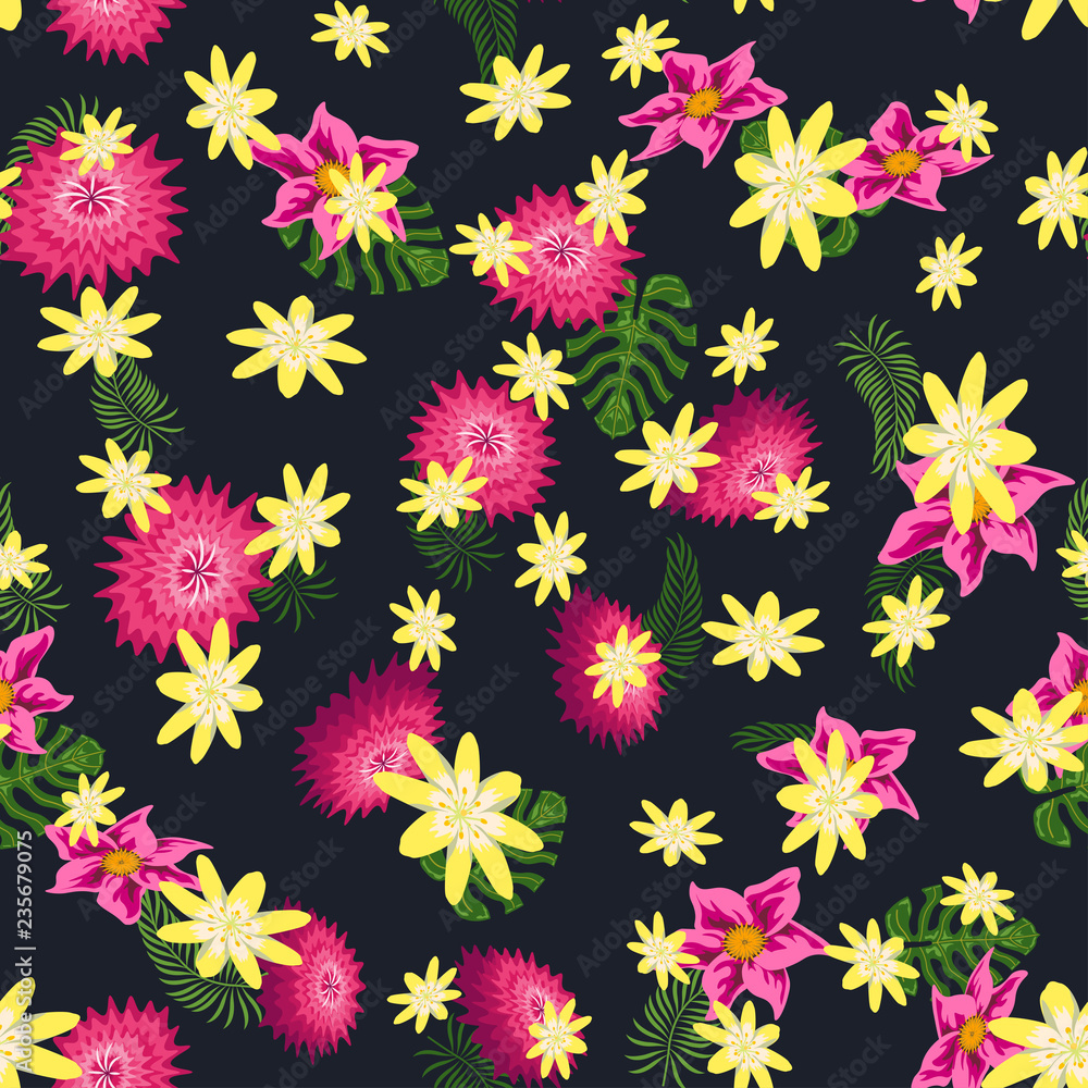 Tropical flower seamless vector pattern, fashionable tropic background for fabric textile, exotic hawaiian floral texture for print, trendy natural leaves for fashion textile on black background