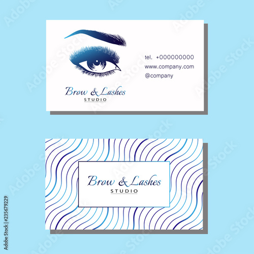 Business card with Beautiful girl brow and eye with long lashes. Beauty Business card, Logo, banner, poster