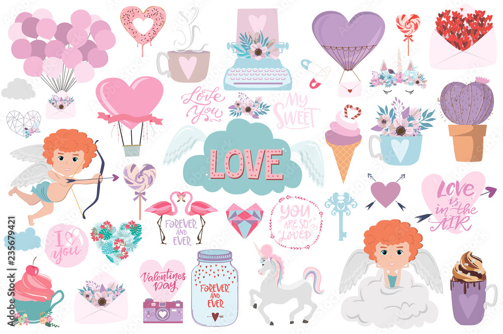 Set of cute icons with romantic style for Valentine's Day, Save the date, wedding day, love you card. Editable vector illustration