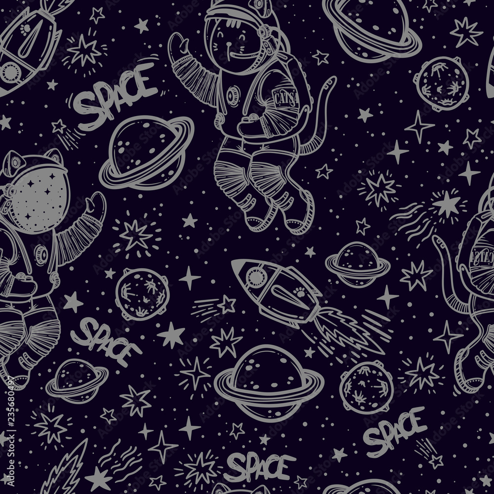 Vector seamless pattern. Cat astronaut soaring in space. Comic style illustration.