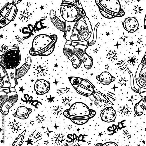 Vector seamless pattern. Cat astronaut soaring in space. Comic style illustration.
