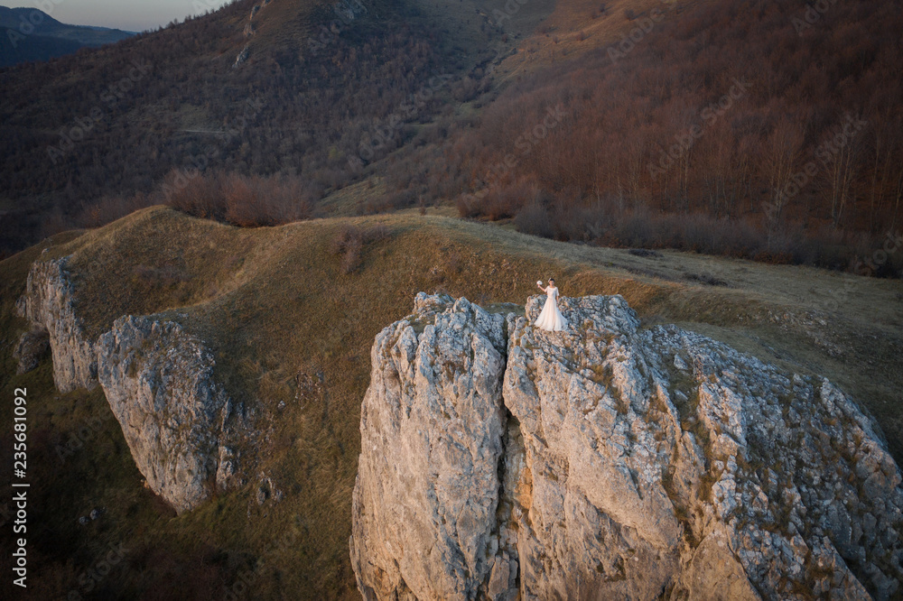 Aerial view of bride standing on a cliff