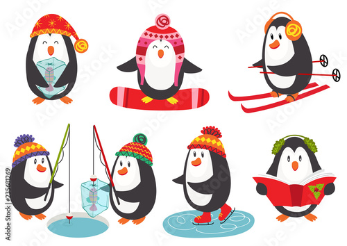 set of isolated cute penguins - vector illustration, eps