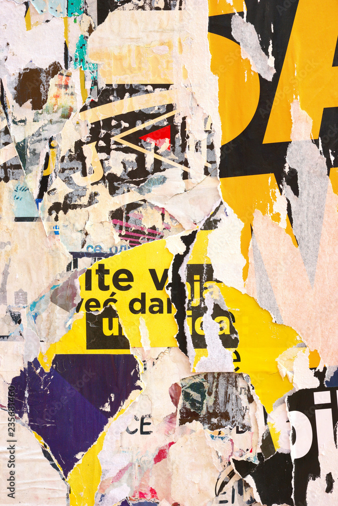 Fototapeta premium Stary grunge zgrywanie rozdarty rocznika kolaż plakaty pognieciony zmięty papier powierzchni afisz tekstura tło tło