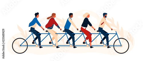 Group of happy people or friends riding tandem bicycle or quint. Young smiling men and women pedaling quintbike isolated on white background. Colorful vector illustration in flat cartoon style.