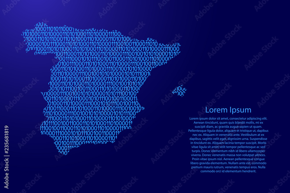 Spain map abstract schematic from blue ones and zeros binary digital code with space stars for banner, poster, greeting card. Vector illustration.