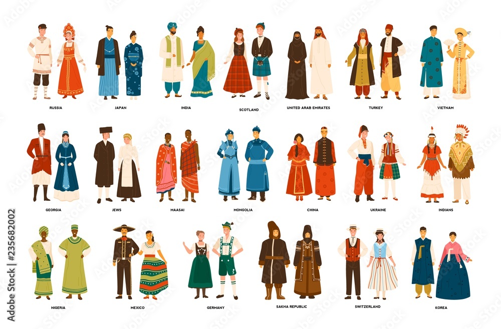 Collection of men and women dressed in folk costumes of various countries  isolated on white background. Set of people wearing ethnic clothing.  Colorful vector illustration in flat cartoon style. Stock Vector