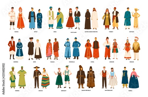 Collection of men and women dressed in folk costumes of various countries isolated on white background. Set of people wearing ethnic clothing. Colorful vector illustration in flat cartoon style.