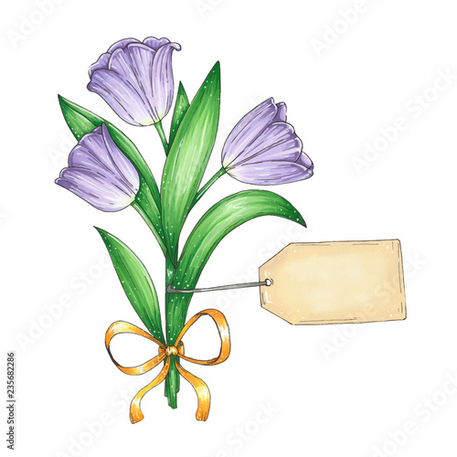 Vector illustration with a beautiful bouquet of violet tulips and a template of a card