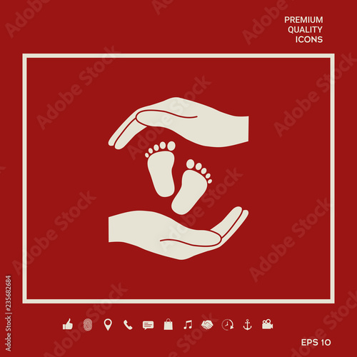 Hands holding baby foot, protection symbol. Graphic elements for your design
