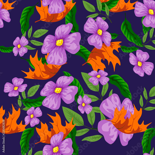Tropical flower seamless vector pattern  fashionable tropic background for fabric textile  exotic hawaiian floral texture for print  trendy natural leaves for fashion textile on black background