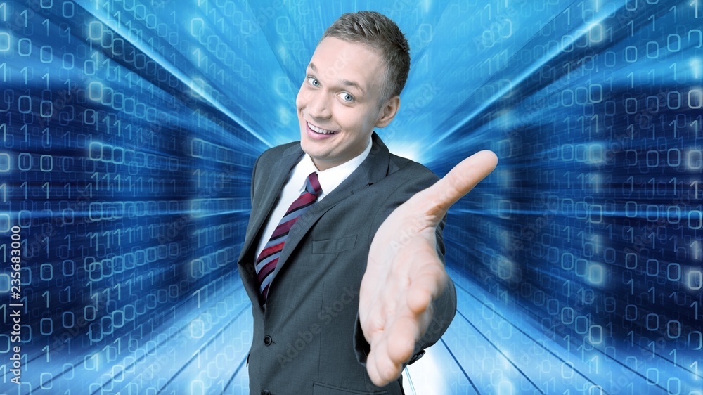 Fototapeta premium Young happy business man in grey suit
