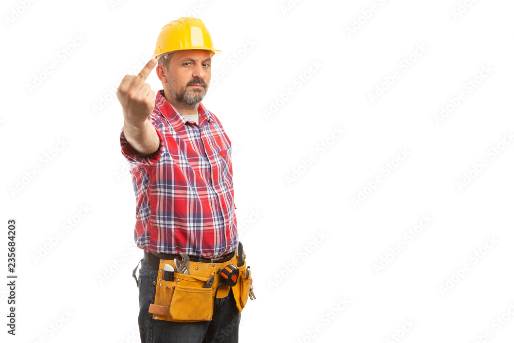 Builder holding middle finger up. Builder holding middle finger up.