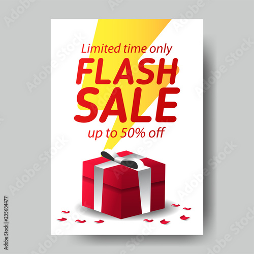 flash Sale banner template with thunder and lighting yellow with red gift box present. vector illustration. flyer poster for marketing and business purpose. boxing day