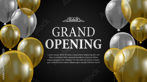 Grand opening template with transparent flying helium balloon. vector illustration