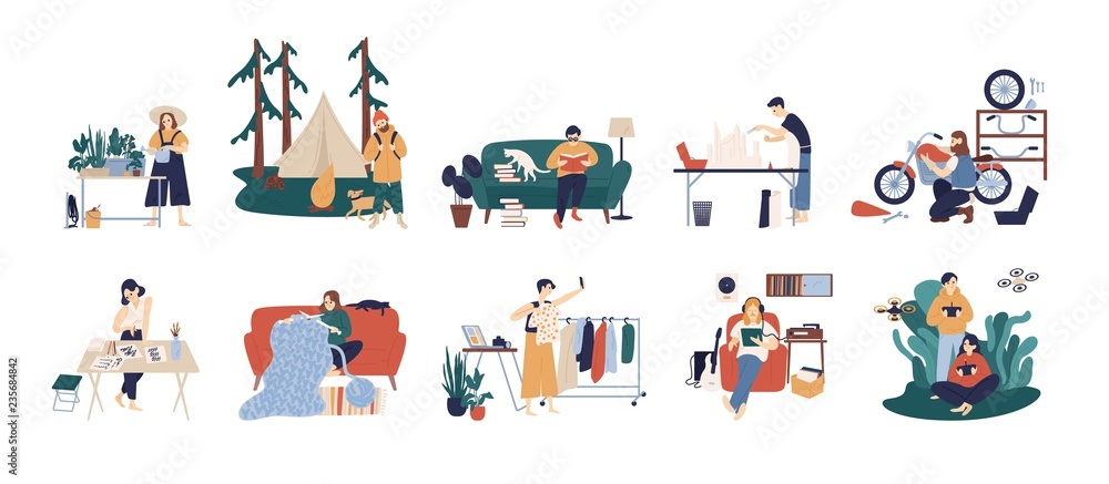Fototapeta premium Bundle of people enjoying their hobbies - home gardening, papercraft, bushcraft, books reading, motorcycle customization, calligraphy, fashion blogging, knitting. Flat cartoon vector illustration.