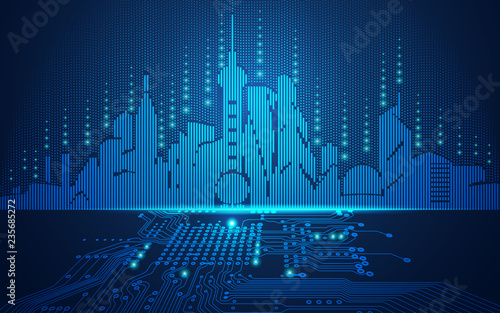 abstract technology background; digital building in a matrix style; technological city combined with electronic board