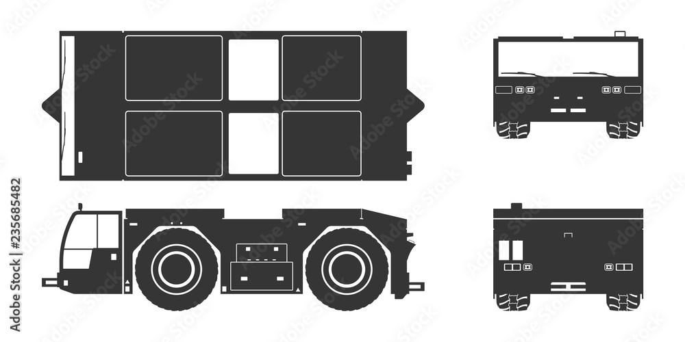 Obraz premium Black silhouette of airplane towing vehicle. Front, side, top and back view. Repair and maintenance of aircraft. Airfield transport. Industrial blueprint