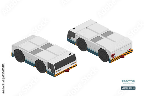 Airplane towing vehicle in isometric style. Repair and maintenance of aircraft. Airfield transport. Industrial drawing of 3d car