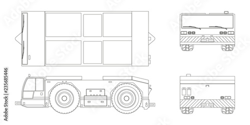 Airplane towing vehicle in outline style. Front, side, top and back view. Repair and maintenance of aircraft. Airfield transport. Industrial blueprint