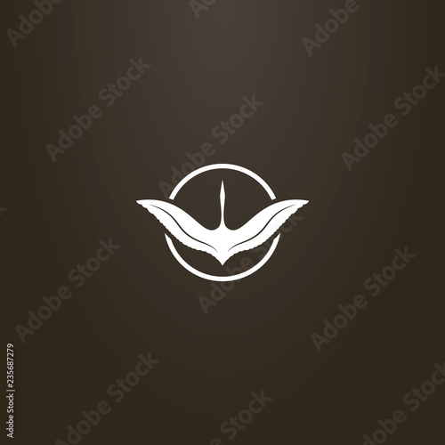 white sign on a black background. vector sign of a flying crane in a round frame