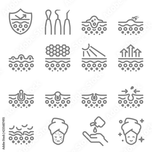 Skin Care Vector Line Icons. Contains such Icons as Acne, Dry Skin, Treatment, Pimple, Equipment and more. Expanded Stroke.