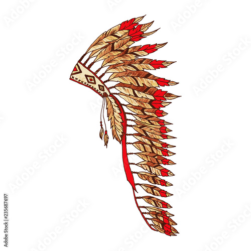 American painted Warbonnet Artwork. Eagle Feathers Hat. Native Indian Colorful Accessory. Headdress Realistic Drawing. Thanksgiving and Halloween Costume Item. Red and Beige Emblem, Isolated Element.