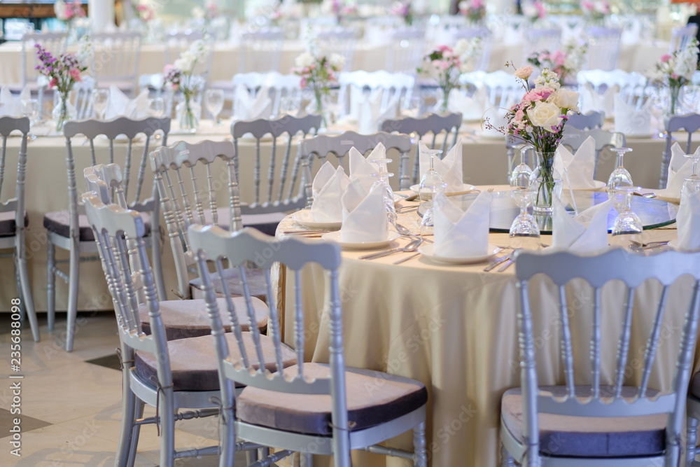 The wedding decor. The white flowers bouquet.