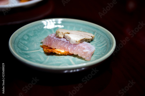 Hongeo Samhap - Fermented Skate and Steamed Pork Slices Served with Kimchi