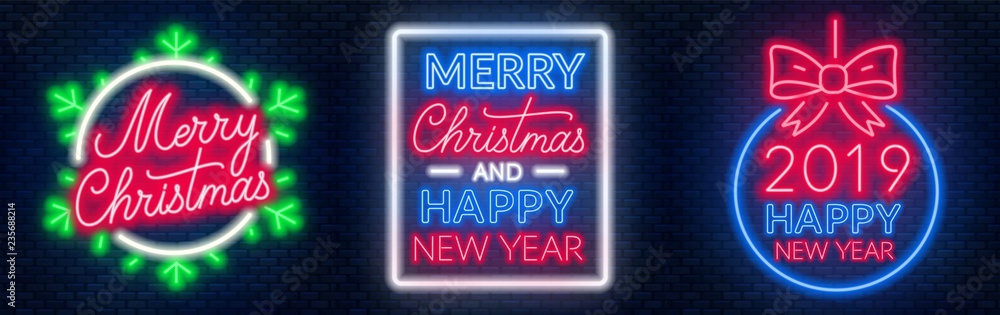 Merry Christmas and happy new year neon lettering on dark background.