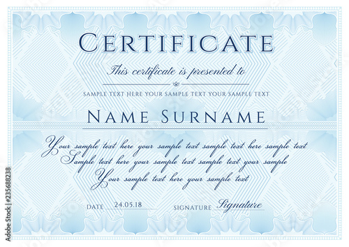 Certificate template. Formal border Guilloche pattern for Diploma, deed, certificate of appreciation, achievement, completion,warranty, attendance, award design. Vector security curves