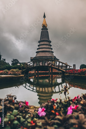 Stupa Doi Inthanon and the bridge over the water in thailand