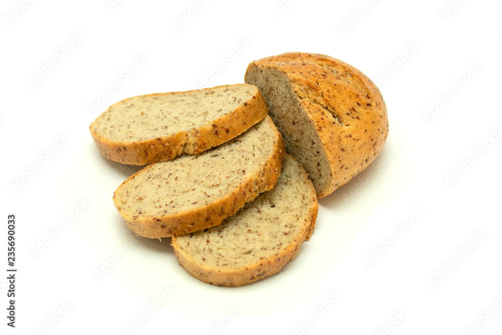 grain bread for healthy eating, sliced in pieces on a white background