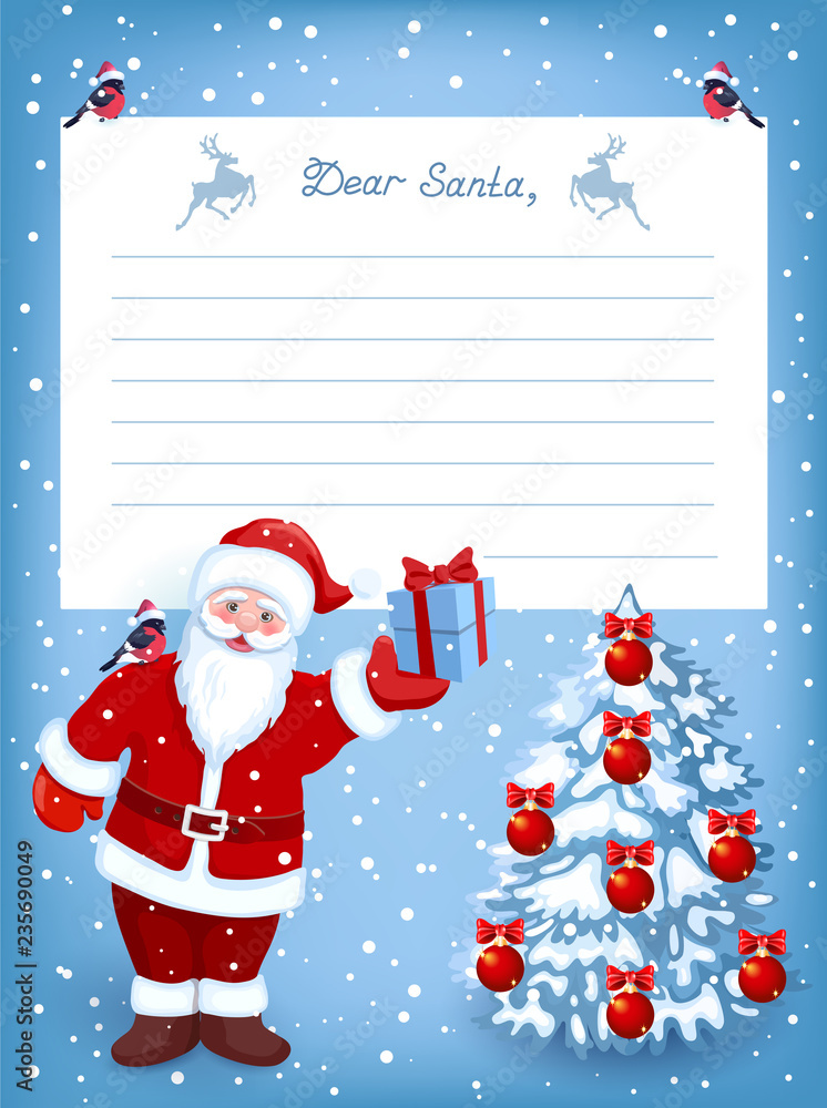 Cartoon funny Santa Claus with gift box and layout letter with list wish to  Santa Claus and fir tree Stock Vector | Adobe Stock