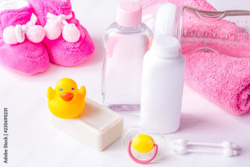 baby organic cosmetic for bath on white bakground baby organic cosmetic for bath on white bakground