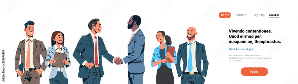businessmen handshake agreement concept mix race business men team leader international partnership communication cartoon character isolated flat portrait horizontal copy space businessmen handshake agreement concept mix race business men team leader international partnership communication cartoon character isolated flat portrait horizontal copy space