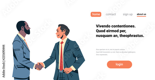 businessmen handshake agreement concept mix race business men hand shake international partnership communication male cartoon character isolated flat portrait horizontal copy space