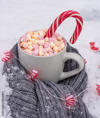 ceramic cup with hot chocolate with marshmallows on white snow wrapped in a gray scarf