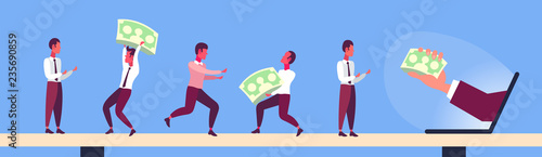 businessmen holding dollar banknotes from laptop monitor screen online income crowdfunding concept business people teamwork concept horizontal banner flat
