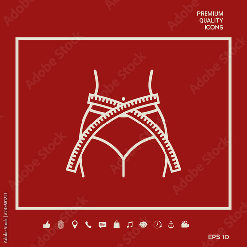 Women waist with measuring tape, weight loss, diet, waistline - line icon. Graphic elements for your design