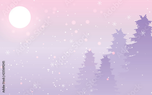 Winter is coming. Snowy night forest with falling snow and super moon. Landscape background winter.
